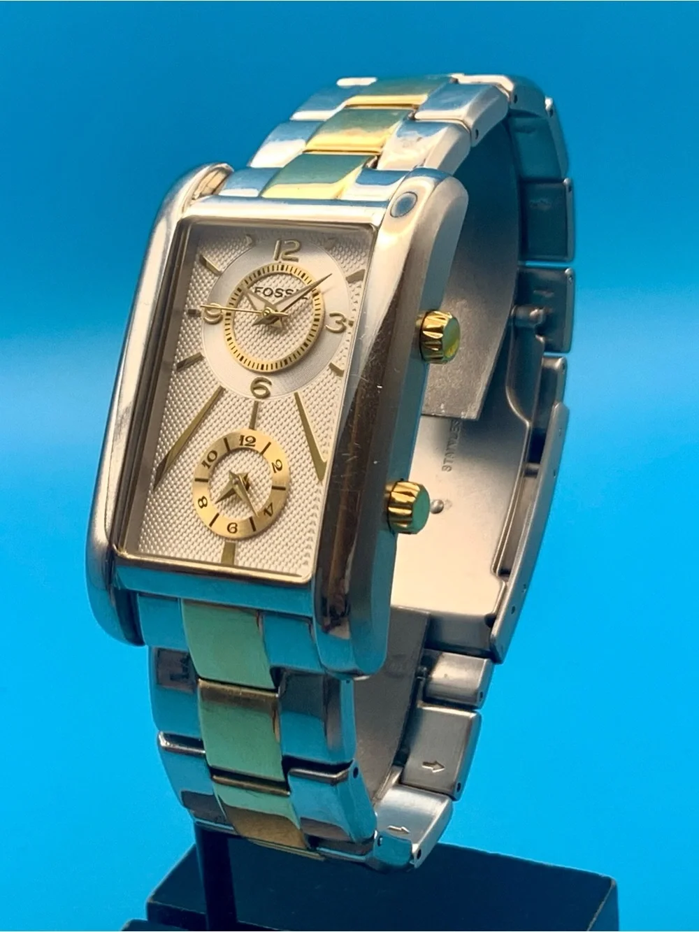 FOSSIL ARKITEKT FS-4228 Men’s Rare Dual Time Tank Watch St Steel Works New Batt